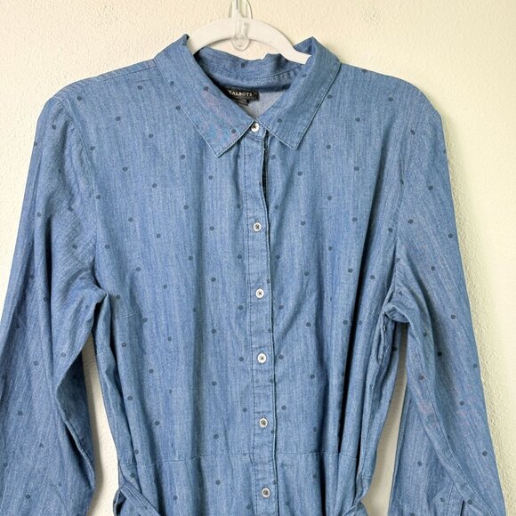 Talbots Polka Dot Denim Shirt Dress Womens 16 Blue Cotton Belted 3/4 Sleeve - Picture 2 of 13
